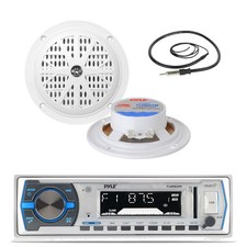 Pyle Marine Bluetooth Mp3 USB Radio, 4"100W White Marine Speakers, Antenna