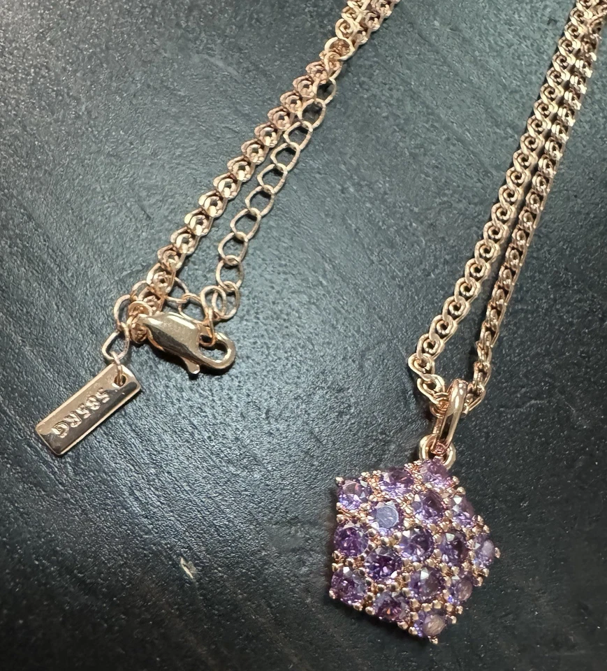 "Colgante cubo púrpura amatista racimo estampado 585 14K RG cadena de broche de collar de 19""" Foto 3 de 4