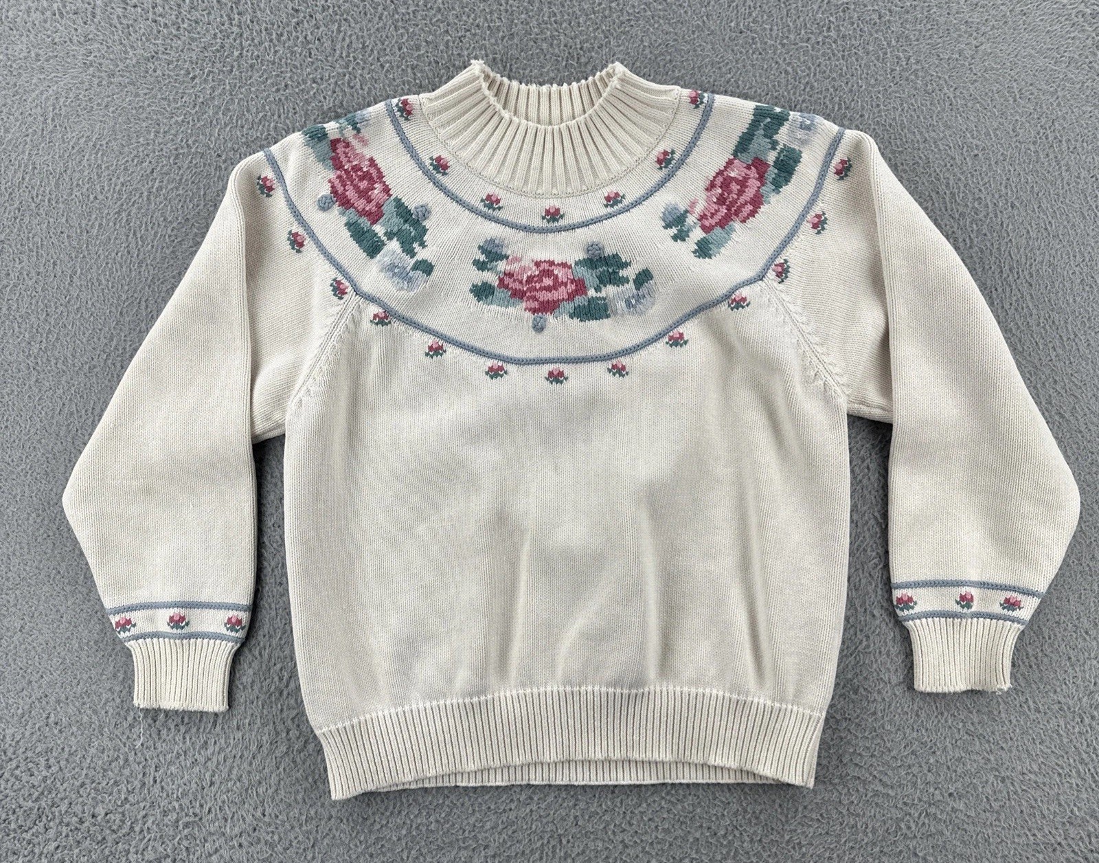 Vintage Eddie Bauer Women’s Size Large White Cotton Floral Knit Sweater 1990 EUC