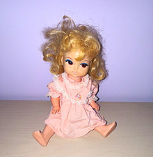 Baby Girl Doll Blue Eyes Light Complexion Blonde Curly Hair Pink Dress Outfit