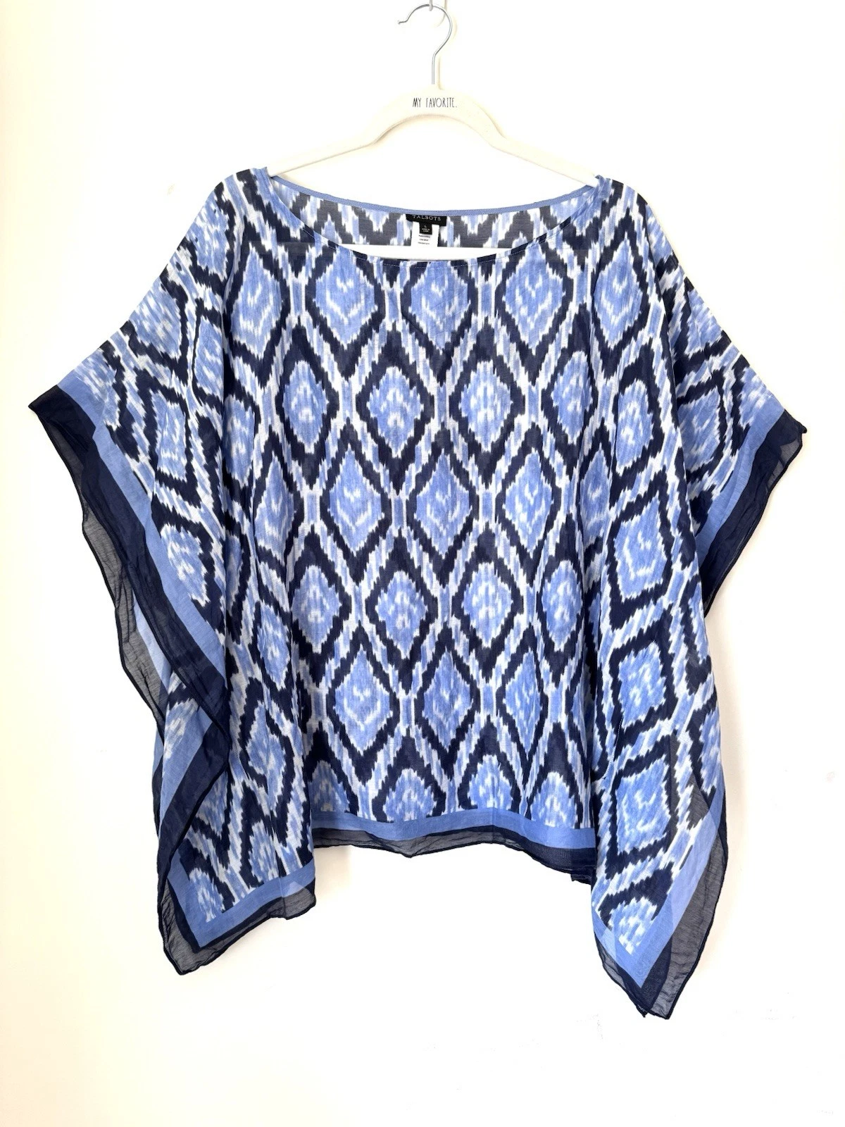 Talbots Blue Ikat Print Cotton Silk Blend Poncho Top Womens Sz Large Nautical