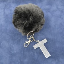 INITIAL LETTER T Keychain Holographic Glitter Handbag Charm Purse Clip Black Pom