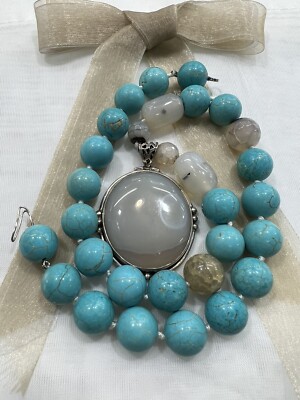 Handcrafted Hand Knotted Unique 17  Necklace with 925 Silver, Agate, Turquoise