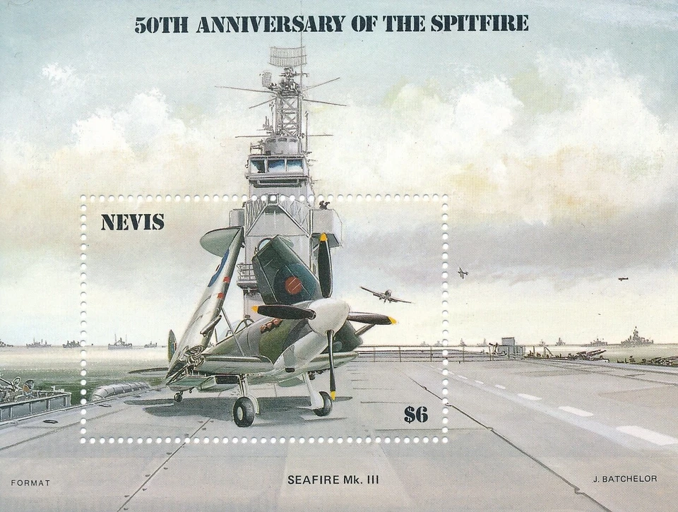 Hoja de estampillas Nevis SC 464 1986 SEGUNDA GUERRA MUNDIAL aviones de combate Spitfire 50 aniversario MNH Foto 2 de 2