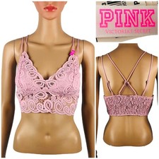 VICTORIA SECRET PINK Padded Lace Trim Strappy Bralette Size Small Pink NWT