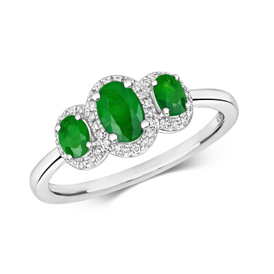 Ovaler Damen-Clusterring 9 kt Weißgold Smaragd Kralle & Diamant Illusion Trilogie