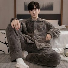 2Pcs/set Men's Pajamas Autumn Winter Padded Long-sleeved Trousers Coral Fleece