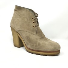 Prada Logo Ankle Boots Booties Shoes Womens Size 39.5 EU 9.5 US Beige Suede