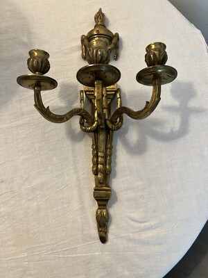 Antique Heavy Brass Three Arm Candlelight Wall Sconces 17 Inches