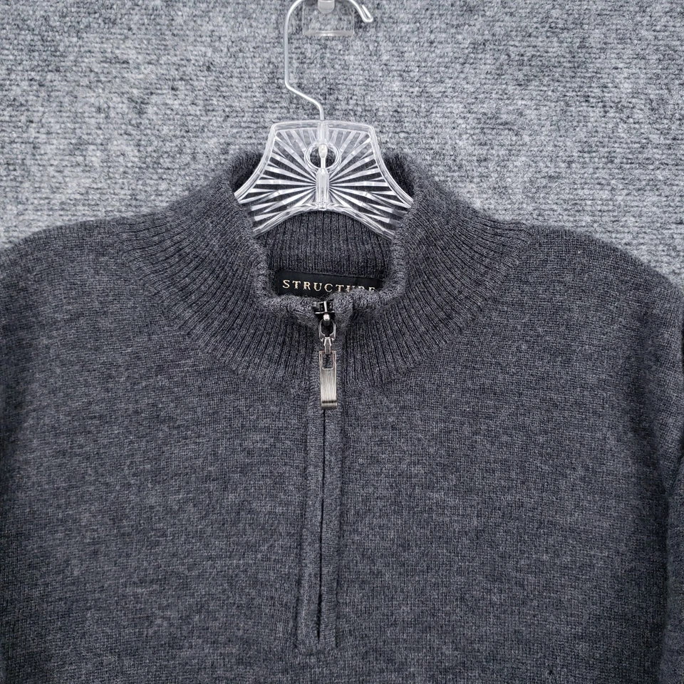 Structure Sweater Mens XL Black Merino Wool Knitted Mock Neck Quarter Zip - Image 3 of 4