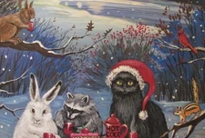 5x7 PRINT OF PAINTING XMAS RYTA BLACK CAT WINTER BLACK CAT Raccoon Folk Art 🎄