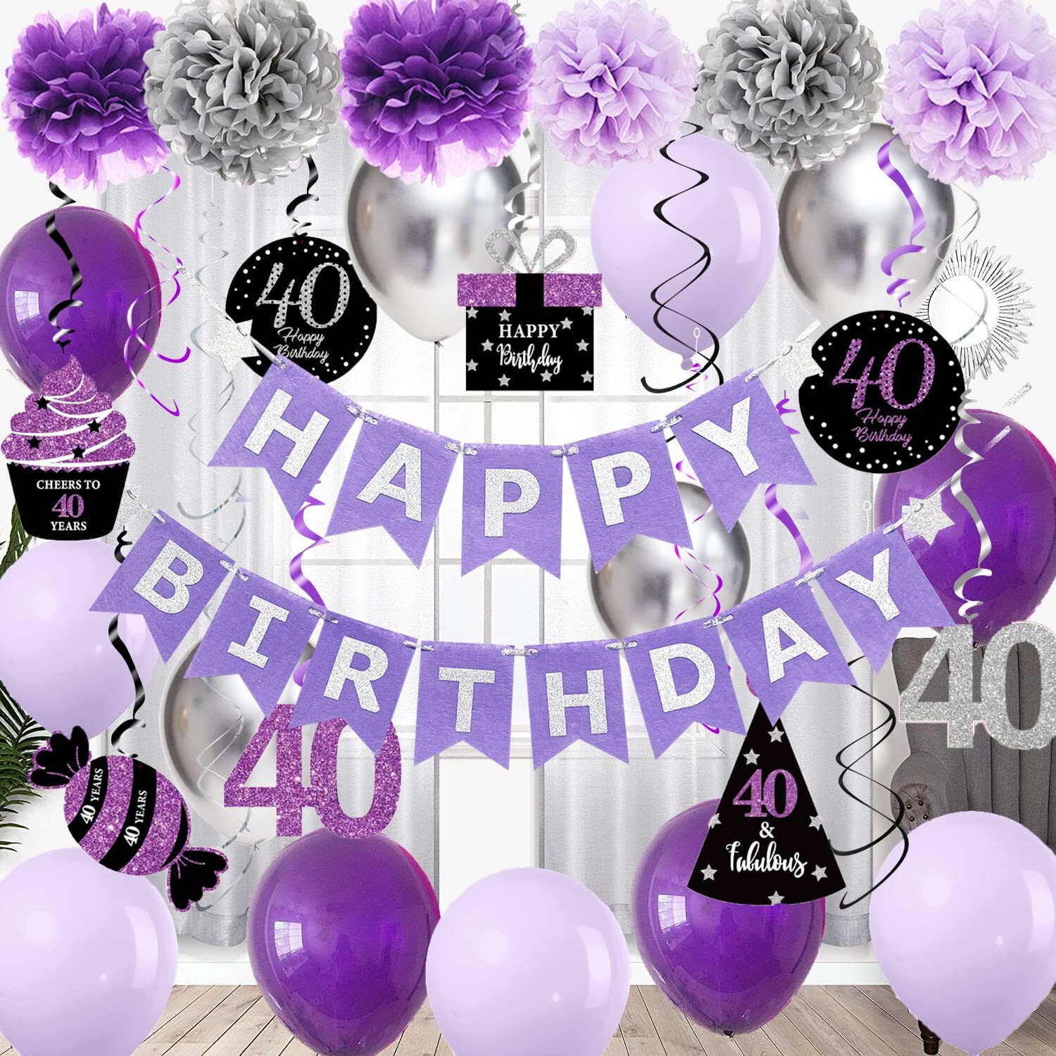 40th Birthday Party Decorations Purple & Silver Theme for Women