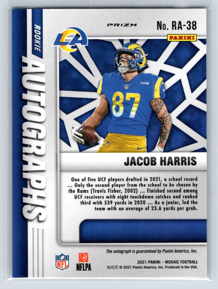 Jacob Harris 2021 Mosaic Autograph RC Auto Rookie Card No. RA-38 - Image 2 of 2