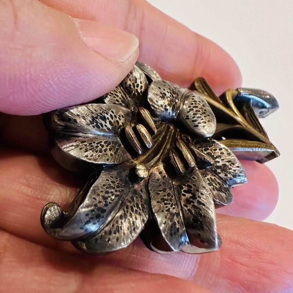 Japanese Antique Lily Obidome Silver carved Kimono Taisho era Vintage