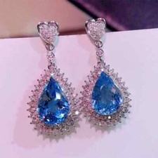 6Ct Pear Cut Lab-Created Blue Topaz Drop/Dangle Earrings 14K White Gold Plated