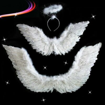 Angel Feather Wings w/Halo Ring Wand Costume Prop Adult Teen Kids Halloween