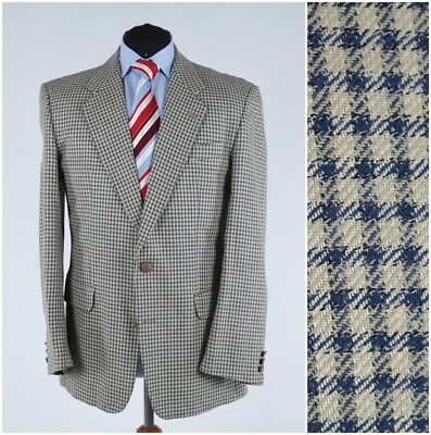 Herren Vintage Karo Blazer 42R UK Größe Beige Wolle Seide Sport Mantel Jacke