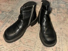 VTG 90s Y2K Lower East Side Black Chunky Heel Boot Side Zip Buckles Sz 8 Grunge