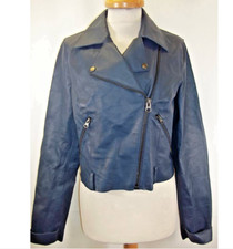 Blue Indigo Short 100% Soft Leather Jacket New Size 14 Biker Style