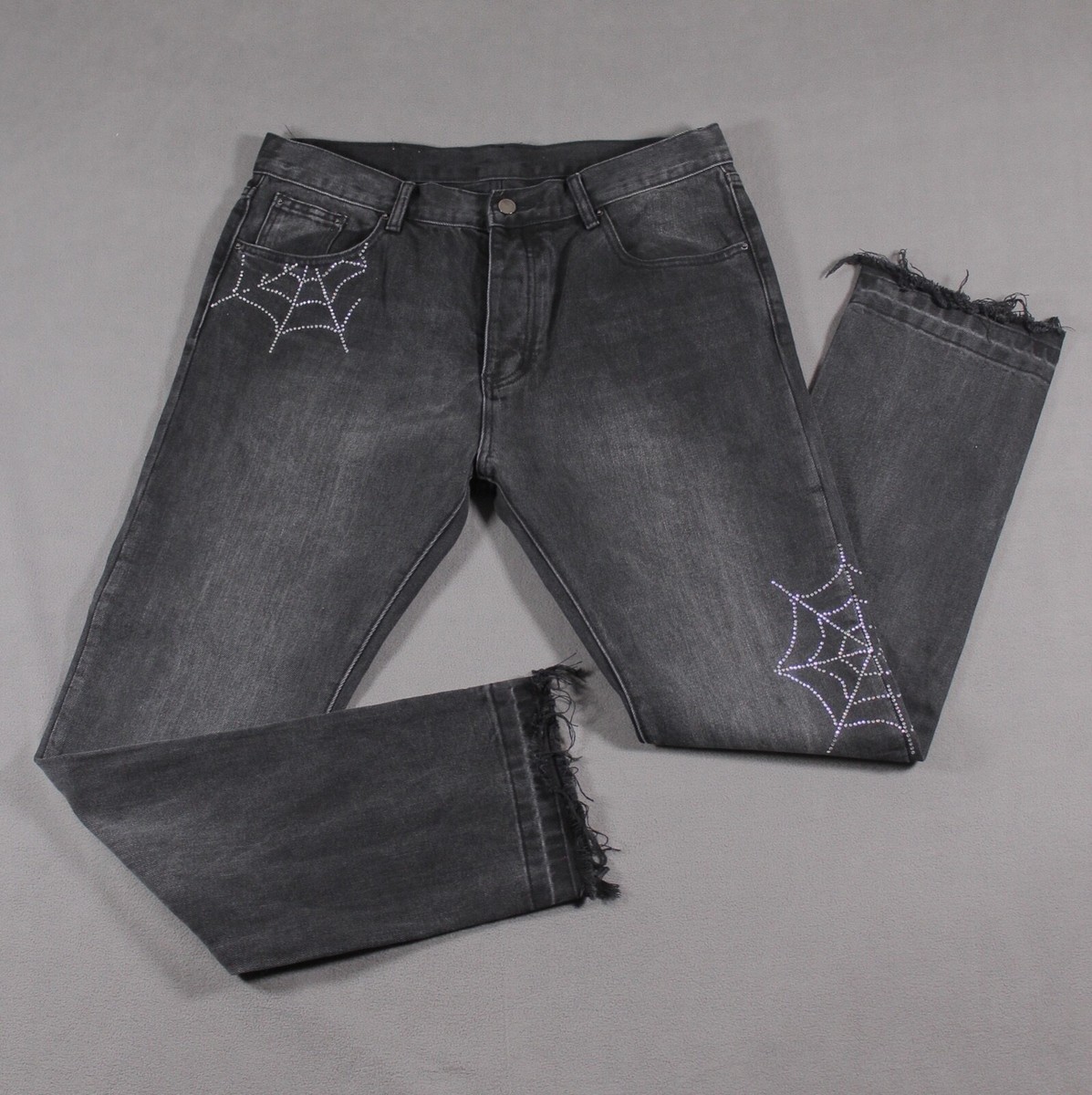 Mnml Jeans Mens 36 Black Work Denim Straight Distressed Diamond Spider Web