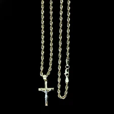 10K Yellow Gold Diamond Cut Jesus Crucifix Cross Charm Pendant & Rope Chain