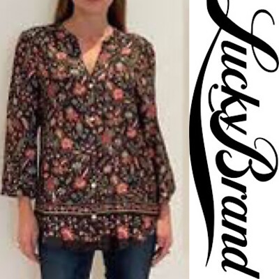 Lucky Brand 100% Silk Boho Long Sleeve Button Down Blouse Floral Geometric S