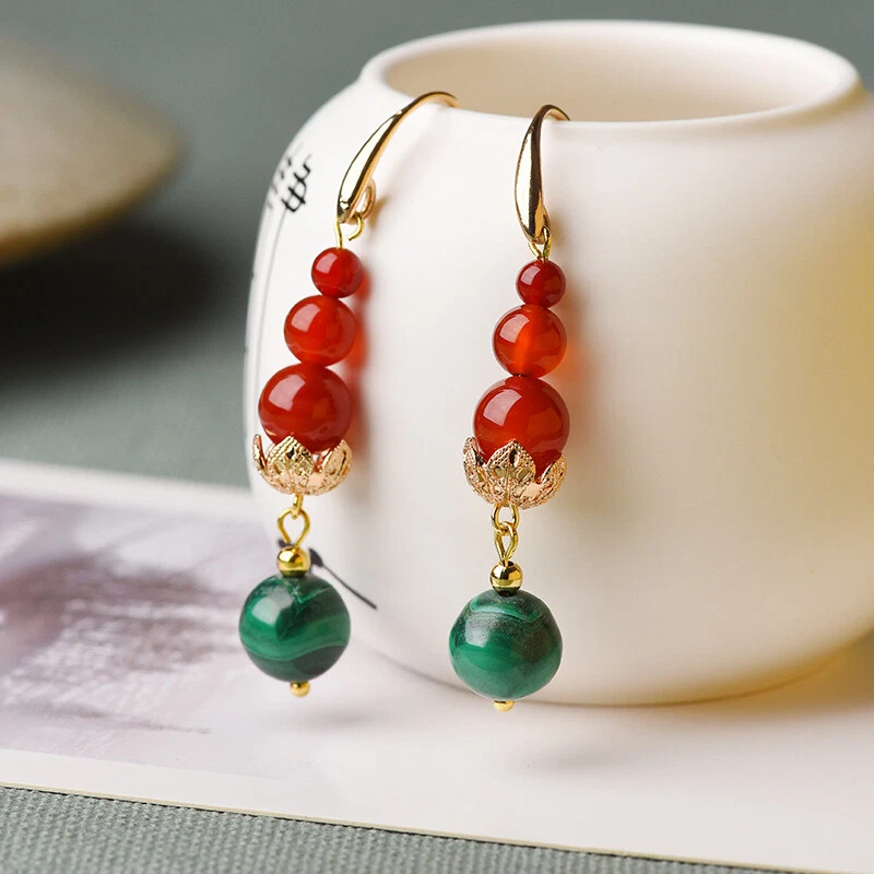 China Agate/Malachite Gild Tibetan Style Fashion Exquisite Earbob Earrings - Image 4 of 4
