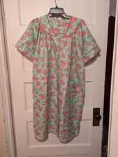 Womens S/S Snap Up Housecoat Gown Green W/Pink Florals Pockets Size XL