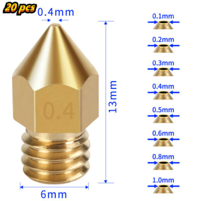 20PCS 3D Printer Extruder Nozzles Brass MK8 0.1-1.0mm For CR-10 Ender 3 Anet A8