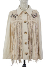 Zara Denim Jacket Fringe Beige Beaded Crochet Panels Western Bohemian Size S