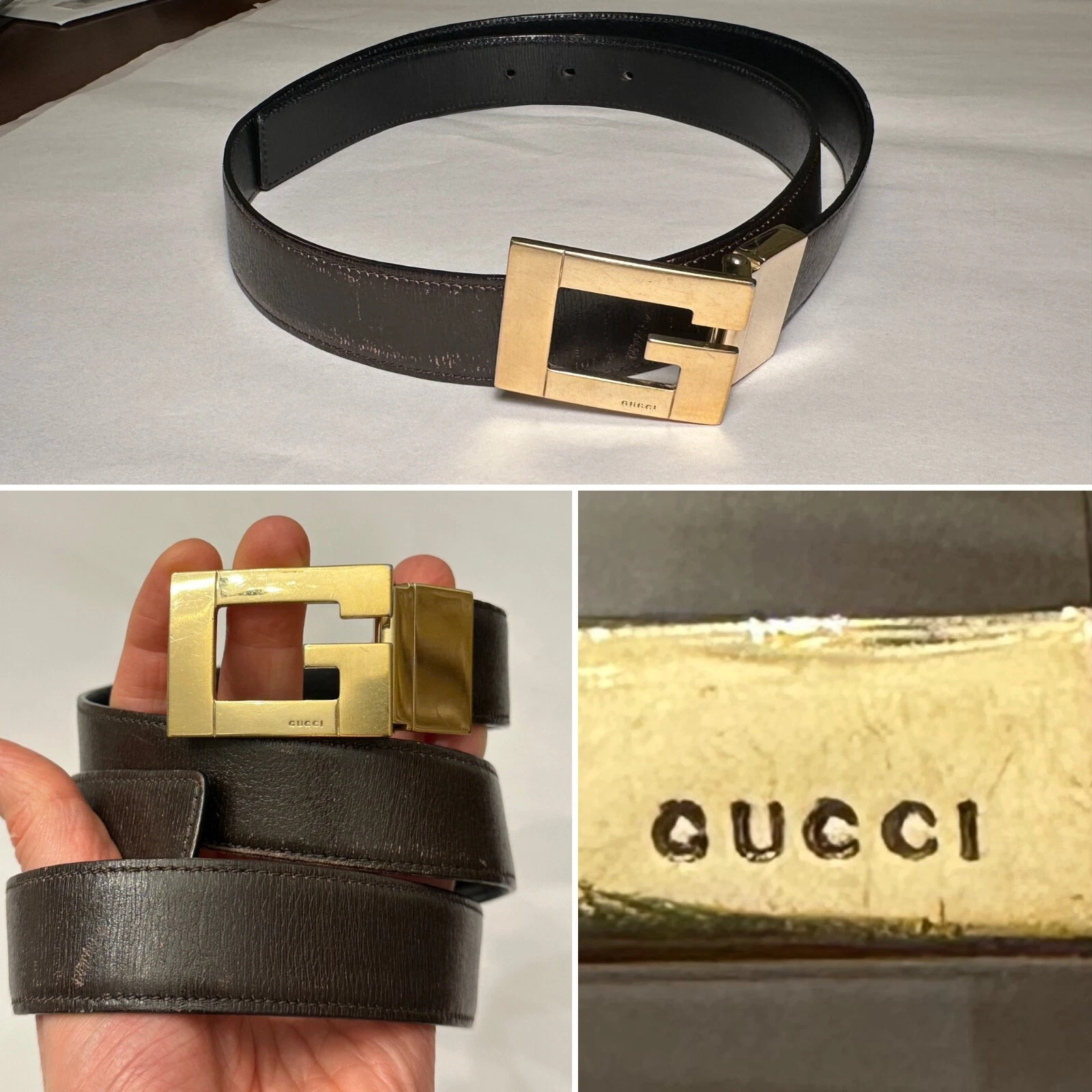 Ceinture réversible vintage GUCCI cuir noir/marron boucle laiton taille 38/95 Italie