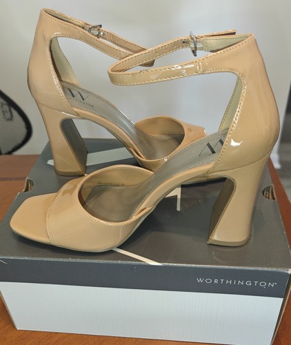 Worthington Bowers Chunky Heels 7.5 Open Toe Mary Janes Patent Leather Camel - Picture 2 of 5