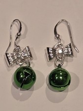 Christmas Small Green Bells with Silver Tone Bow Dangle Earrings