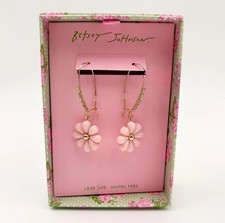  NIB Betsey Johnson Pink Flower Gold Tone Pav...