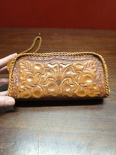 vintage hand-tooled leather floral pattern clutch purse whipstitched edge