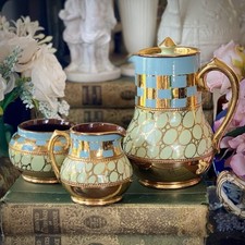 Sadler Coffee Pot Set Gold Spot & Checker ‘Betty’ Blue & Green Vintage 1940/50s