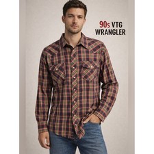 Vintage Wrangler Western Pearl Snap Shirt Plaid Red Blue Cowboy Button Down
