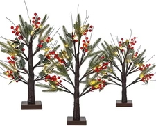3 Pcs Christmas Lighted Birch Tree with Berry Stems Pine Branches Tree, 1.5ft...