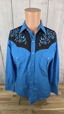 Ely Cattleman Western Shirt Men's Small Black Blue Floral Embroidered Pearl Snap