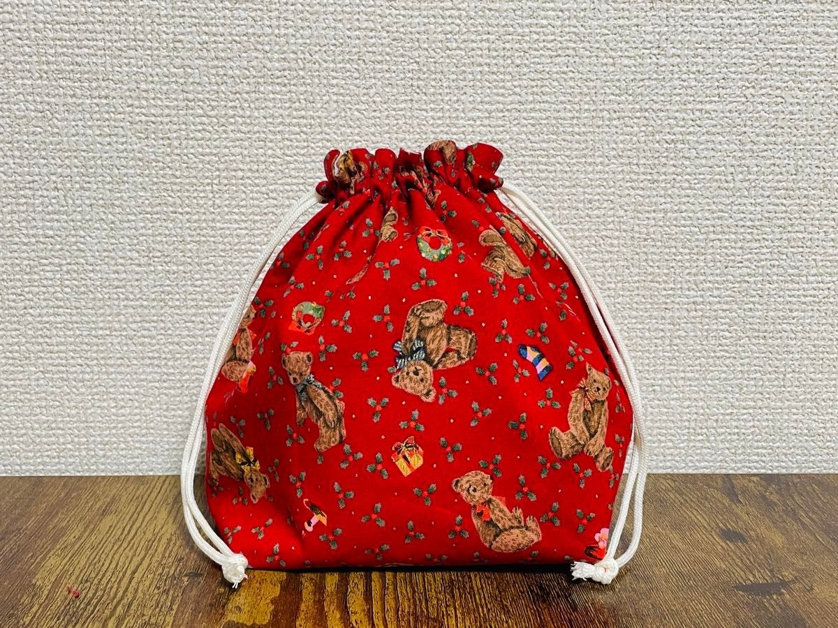 Christmas pattern drawstring bag teddy bear red l… - image 1