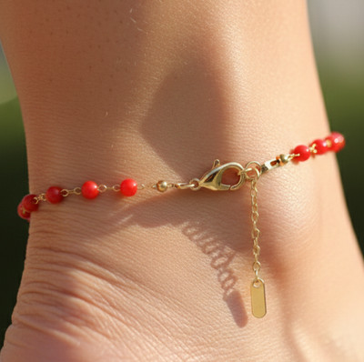 Elegant Gold Tone Ruby Anklet 18K Gold Plated Designer Beaded Anklet For Women