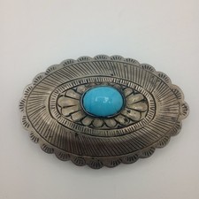 Western Native American Oval Silver Tone Metal Aqua Stone Metal Belt Buckle Vtg
