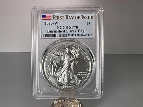 2023-W Burnished $1 American Silver Eagle PCGS SP70 FS Flag Label 1 oz .999 1oz