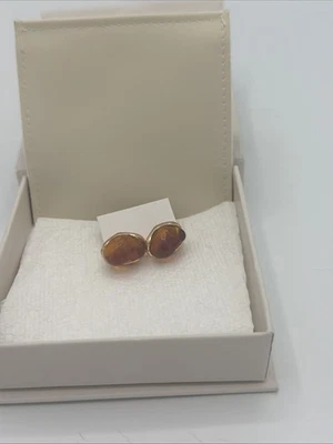 Boucles D’Oreilles Ovale Marron Ambre Doré Femme Élégantes - Photo 1/4