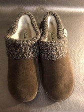 CLARKS Brown Suede Knit-Collar Clogs Faux Fur Lined 10 M Shoes EUC