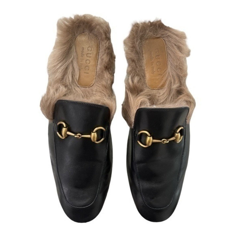 GUCCI Men’s Princetown Lamb Wool Lined Black Leather Slipper Mules Size 9 image 3