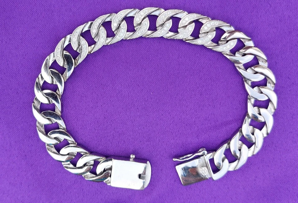 Bracciale da uomo in argento sterling 925 con catena a maglie cubane con zirconi - Immagine 2 di 4