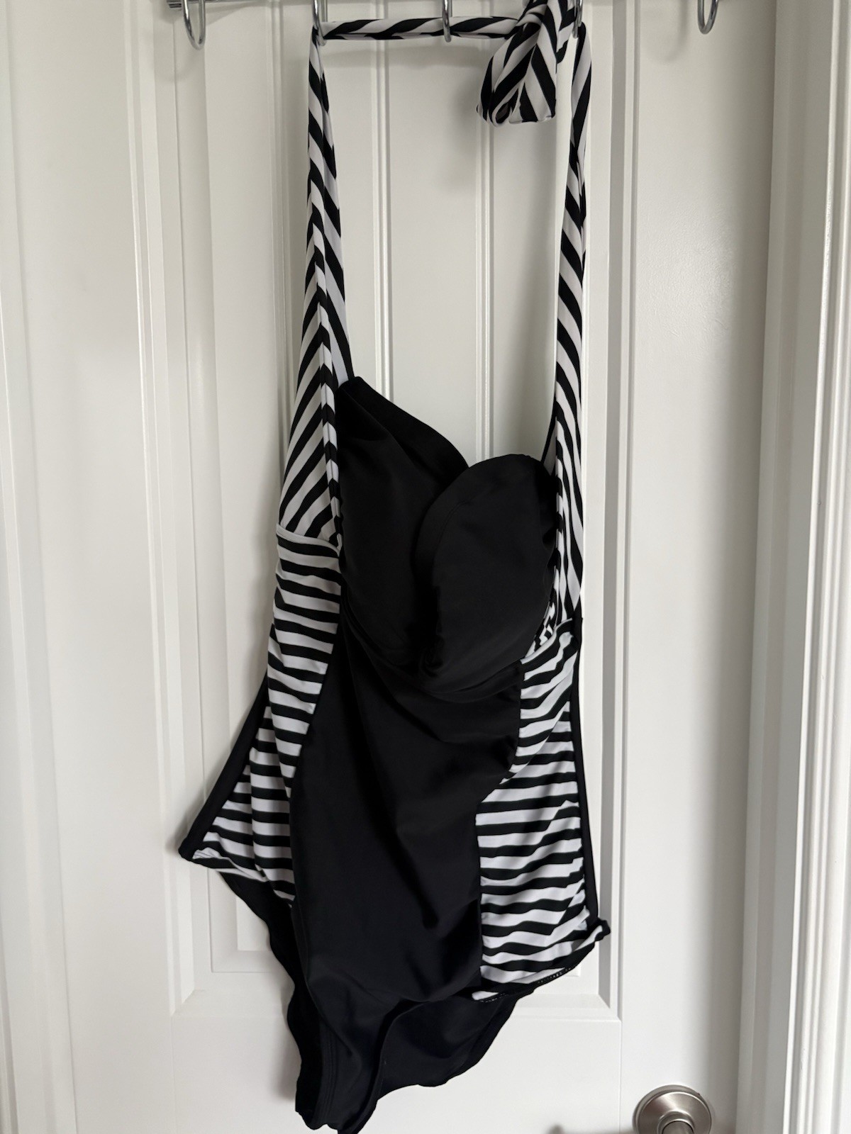 Forever 21+ Women’s Plus 1X Black/White Striped Halter One-Piece Swimsuit