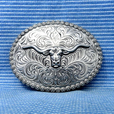 Classic Western Longhorn Steer Head Belt Buckle Cowboy Floral Scroll Vtg .CPA514