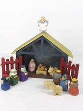 14" Hand Painted Nativity 13pc Carved Wood Childs Manger Creche (MISSING Joseph)